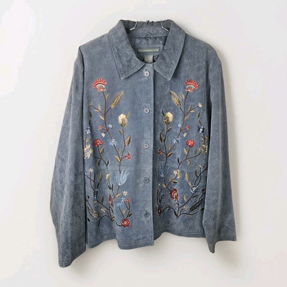 Jessica Holbrook Jacket Womens 1X Blue Suede Leather Floral Embroidered Artsy - Picture 1 of 8